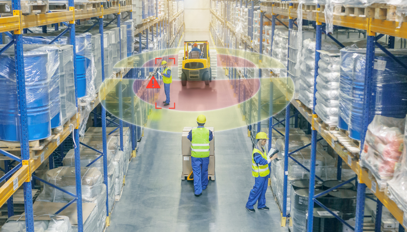 VIA Mobile360 Forklift Safety System issuing pedestrian detection alert in a warehouse
